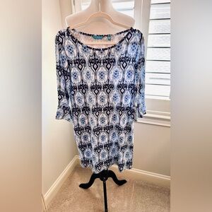 Tori Richard Blue and White Patterned Dress with Ruffled Sleeves